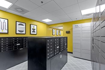 a large room with a yellow wall and a large number of lockers